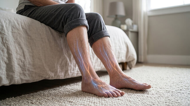 Visual depiction nerve pain tired legs neuropathy movement concept. A person's feet resting on a cozy bedroom floor, conveying relaxation.