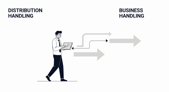 Business person with laptop, distribution and business handling arrows concept