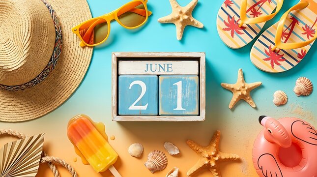 Summer Vacation Starts June 21st: Beach Essentials Like Sunglasses, Hat, Flip-Flops, Ice Cream, and Flamingo Float with Starfish and Shells