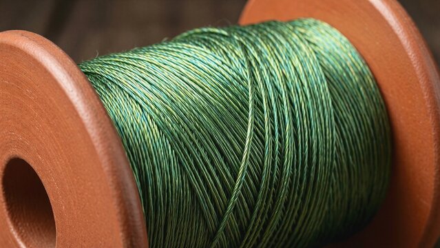 A spool of shimmering green thread on a clay bobbin