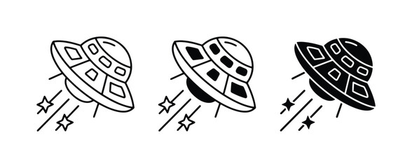 UFO Flying Saucer Icons, Alien Spaceship Vector Graphics, Retro Sci-Fi Symbols © Emran