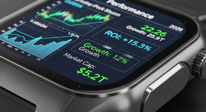 Montre connect&eacute;e affichant des donn&eacute;es financi&egrave;res et des graphiques boursiers pour les entreprises
