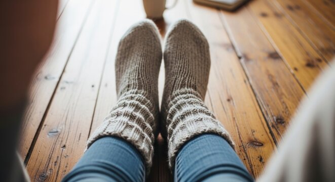 Pieds bien au chaud dans des chaussettes douillettes, pos&eacute;s sur le plancher : d&eacute;tente et confort