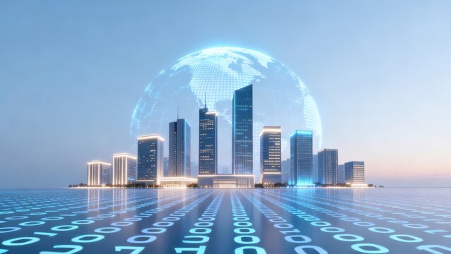 Futuristic city with glowing globe