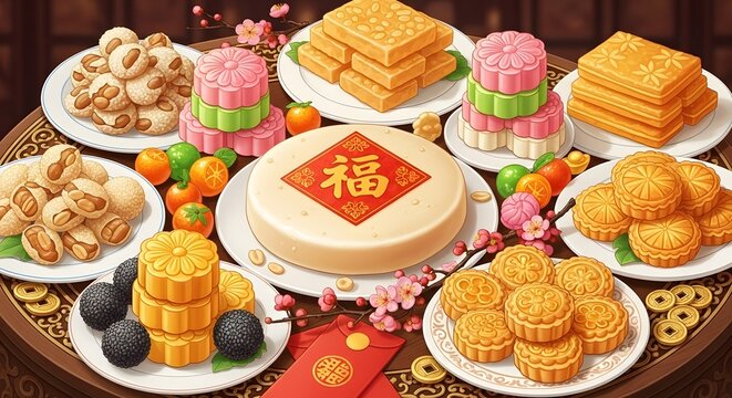 Traditional Chinese New Year Food Spread with Mooncakes and Nian Gao.