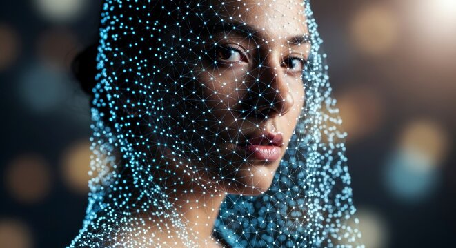 Visage de femme recouvert d'un r&eacute;seau futuriste de points sur fond bokeh
