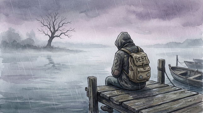 A lonely person wearing a backpack labeled debt sits on a wooden dock during a rainy and gloomy day outdoors