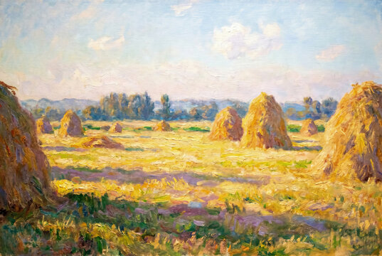 Impressionist oil painting of golden haystacks in sunny rural field with green foreground and blue cloudy sky, serene harvest atmosphere