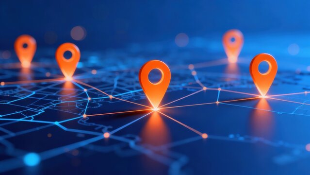 Map with glowing location pins and network connections