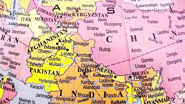 Detailed Map of India, China and Central Asia with Political Borders, Geography, Regional Atlas, Educational Cartography Illustration Design
