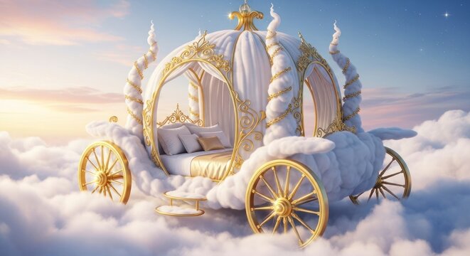 Carrosse fantastique flottant &agrave; travers les nuages, &eacute;l&eacute;ment de design onirique et &eacute;th&eacute;r&eacute;