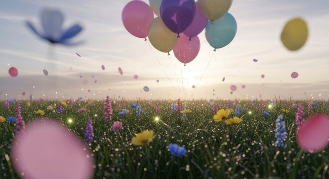 Des ballons color&eacute;s flottent au-dessus d'une prairie luxuriante parsem&eacute;e de fleurs sauvages au coucher du soleil.