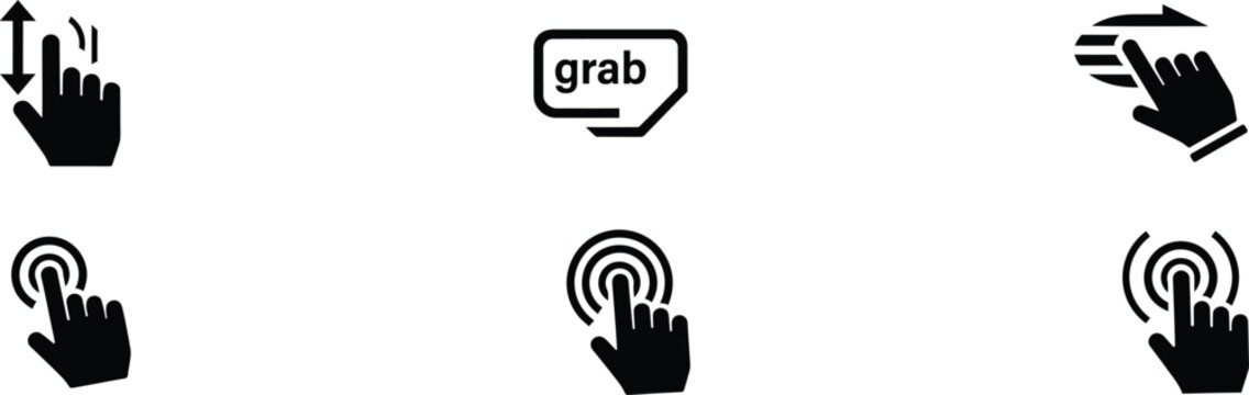 Six black and white hand icons for touch gestures isolated on transparent background
