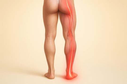 Posterior full-leg anatomy with red glow tracing sciatic nerve from pelvis to calf, ideal for illustrating sciatica and radiating leg pain in medical, neurology, and orthopedic educational visuals.