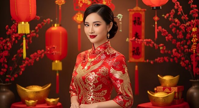 Beautiful Asian Woman in Traditional Red Qipao Celebrating Chinese New Year with Lanterns and Gold Sycee.