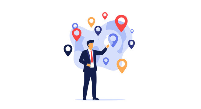Businessman choosing a location with map pins around him