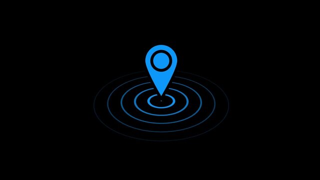 Glowing futuristic neon location icon on black background.
