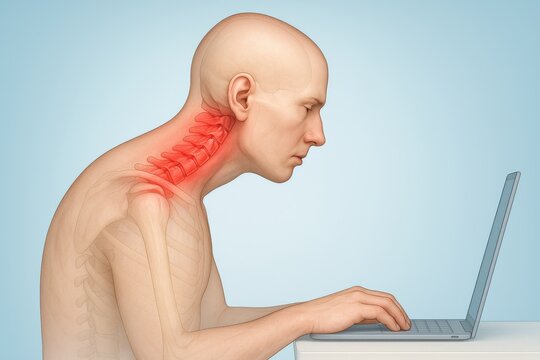 3D medical anatomical side-view of upper body showing office neck tension with red-highlighted strained posterior cervical muscles, realistic illustrating chronic pain from forward head posture.