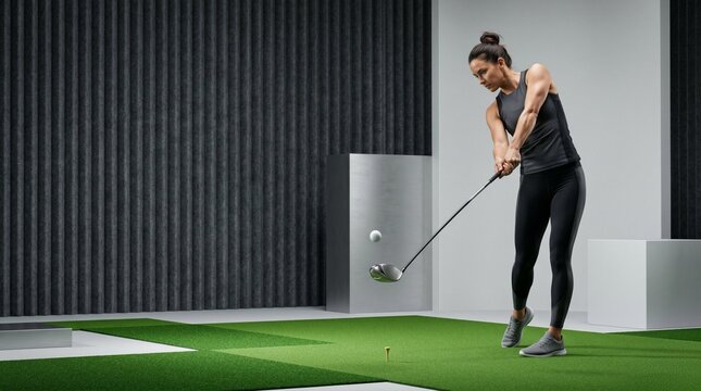Athletic Young Woman Practicing Swing in Modern Indoor Golf Simulator Studio with High-Tech Minimalist Interior