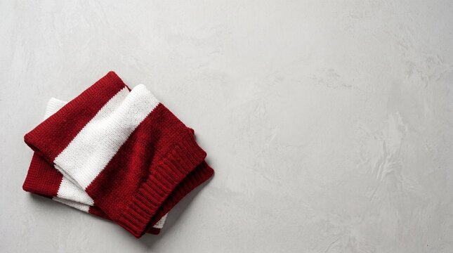 Flat Lay of Folded Red and White Striped Knitted Socks on Minimalist Grey Concrete Background with Blank Copy Space