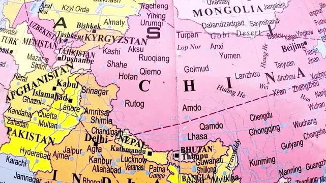Detailed Map of India, China and Russia with Political Borders, Geography, Eurasian Regions, Atlas, Educational Cartography Illustration Design