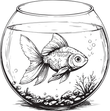 Goldfish Fish in a Bowl Water Tank Hand-drawn Sketch Drawing Vector Illustration, Line Linear Symbol Black and White Engraving, Isolated