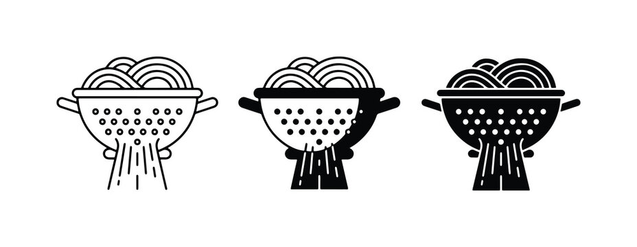 Colander with Spaghetti, Draining Water Icons Set, Kitchenware Food Preparation