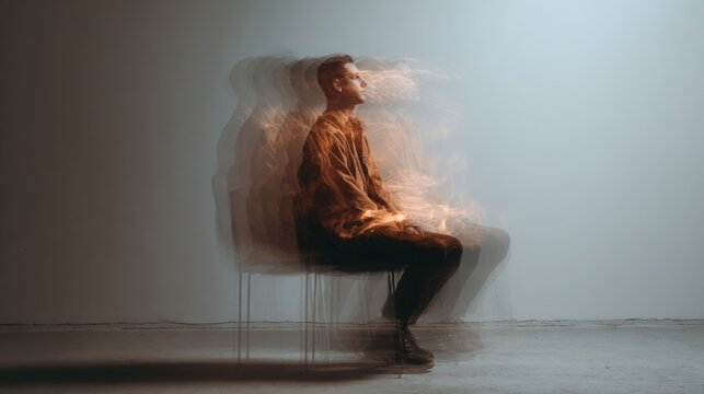 A motion blur image of a man sitting on a chair, showcasing the concept of movement and time. The photo captures a unique perspective