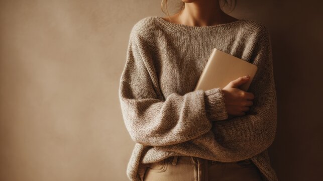 A person holding a book, leaning against a wall, in a cozy indoor setting. The image evokes feelings of comfort and quiet contemplation