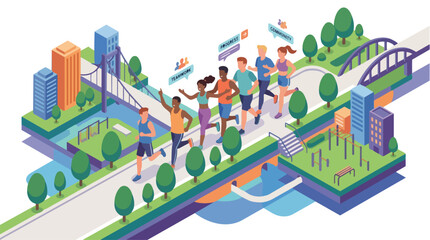Fototapeta premium Diverse group of people running together in an isometric city park.
