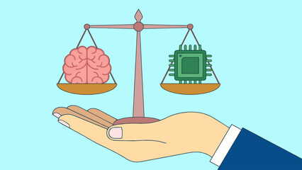 Conceptual vector of a hand weighing biological intelligence against artificial technology. Ideal for tech ethics, cognitive computing, and the future of man and machine.