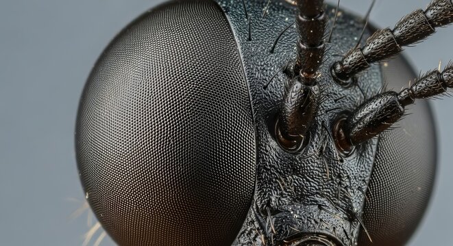Extreme Close Up of an Insect Compound Eye and Head Revealing Intricate Textures and Details