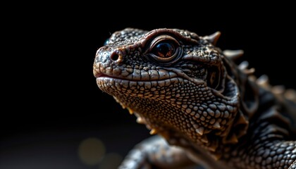 Obraz premium The image features a close up view of a lizard's head, with detailed textures of its scales and skin clearly visible