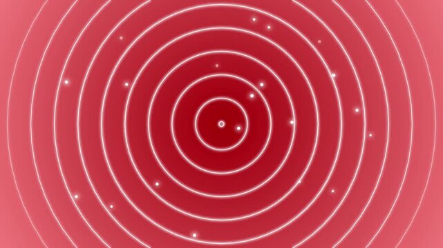 Abstract red concentric circles background with glowing rings and floating light particles