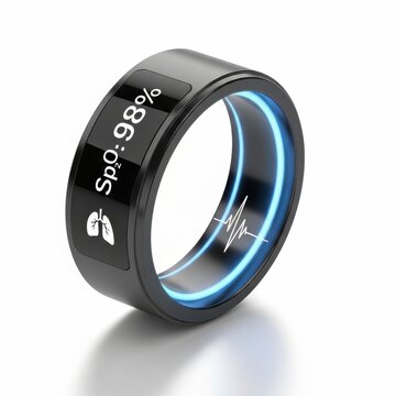 Smart ring with blood oxygen level display showing 98 percent on black surface