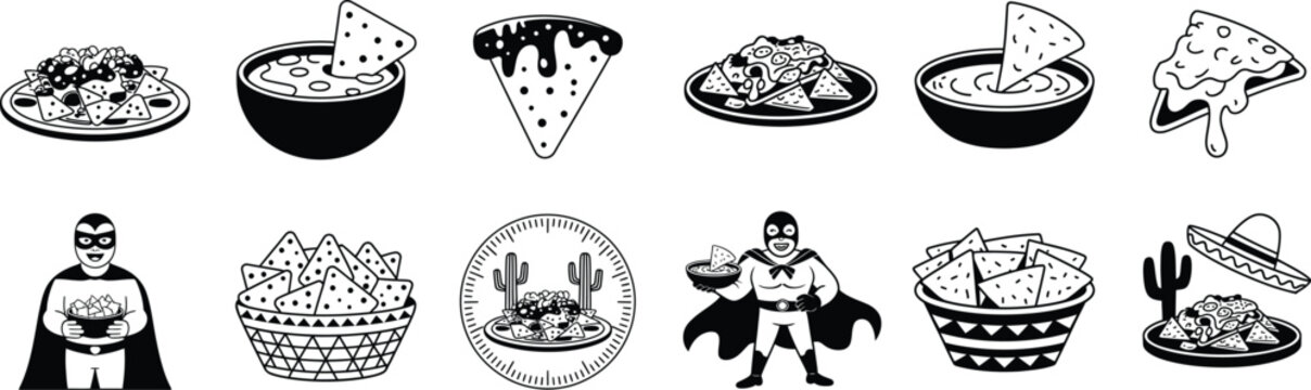 Delicious mexican nachos snack and spicy salsa dip food set icons isolated on transparent background featuring tortilla chips and gourmet sauce portions.