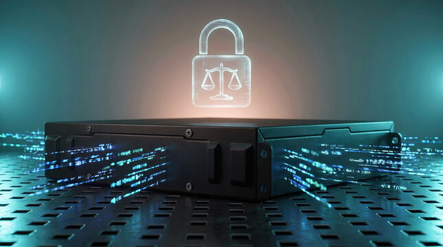 Holographic padlock with justice scales hovering above black server box emitting blue data streams on perforated metal floor ambient teal lighting concept of legal cybersecurity compliance