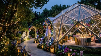 Fototapeta premium Large white wedding tent on lush green lawn sun shining concept. A beautiful outdoor venue adorned with lights for a special event at twilight.