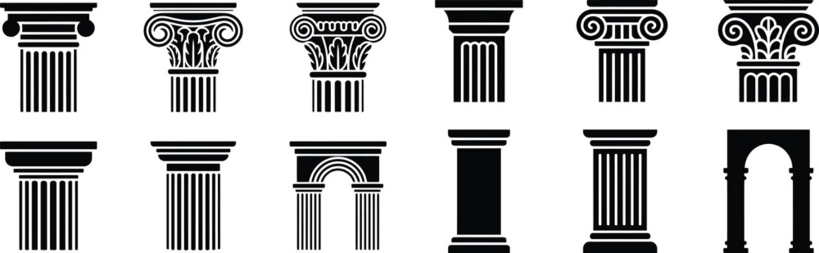Set of black ancient greek and roman column icons architectural elements different styles ionic doric corinthian on transparent.