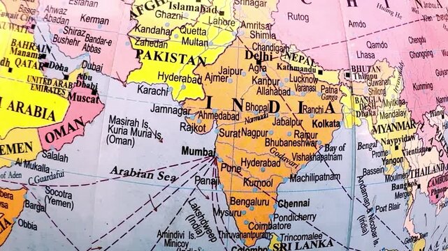 Detailed Map of India, Pakistan, China and Iran with Political Borders, Geography, Regional Atlas, Cartography, Educational Illustration Design