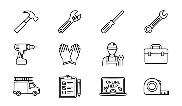 Professional DIY and Repair Tools Vector Icons &ndash; Workmen, Trade Vehicles, and Online Help Collection