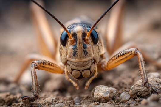 Extreme Close-Up Macro Shot of a Camel Cricket's Face