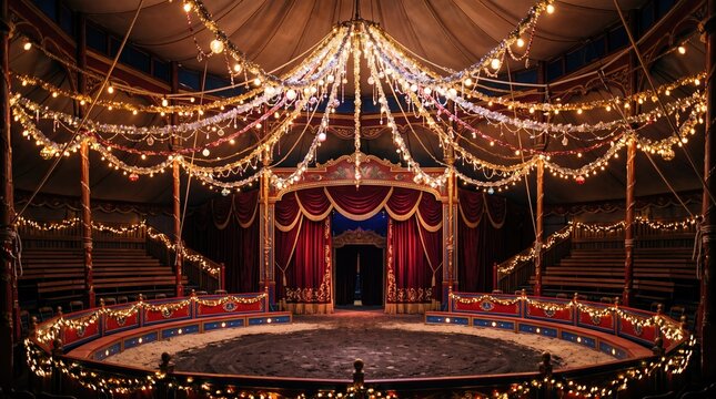 A beautifully decorated circus tent with vibrant lights and elegant drapery.