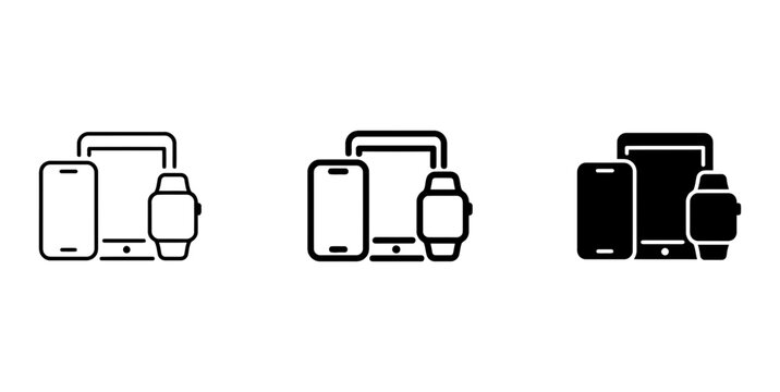 Three responsive device silhouette icons set, solid black style, modern technology gadgets for digital content display