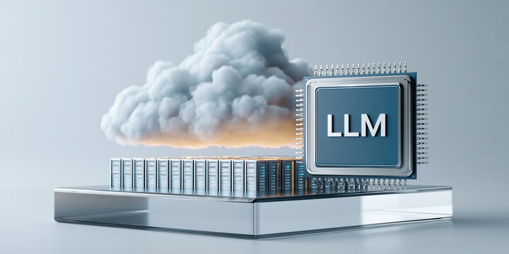 LLM chip and cloud server rack concept showing AI processing power and data center energy