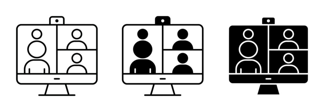 Video conference silhouette icons set, people communicating on computer screen, solid black style, online meeting concept