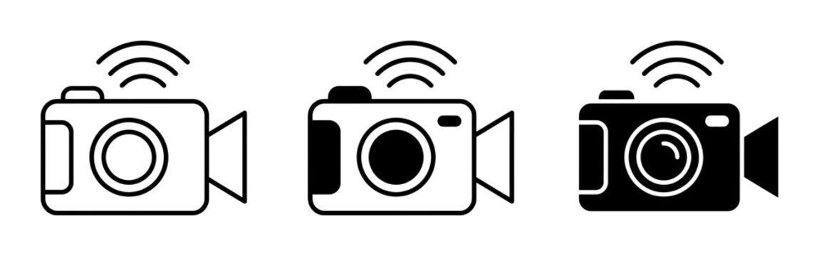 Video camera silhouette icons set with wireless signal, solid black style, technology communication devices