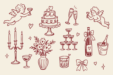 Obraz premium Wedding Celebration Cupid Red Ink Sketch Set Vector