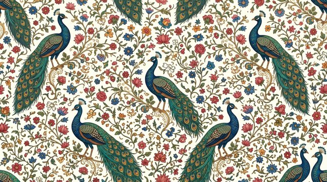 Seamless Mughal Persian miniature peacock floral pattern with ornate vines flowers and elegant traditional textile background