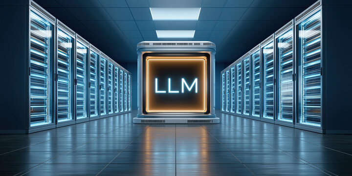 LLM server in futuristic data center glowing core with cool blue lighting and reflective floor